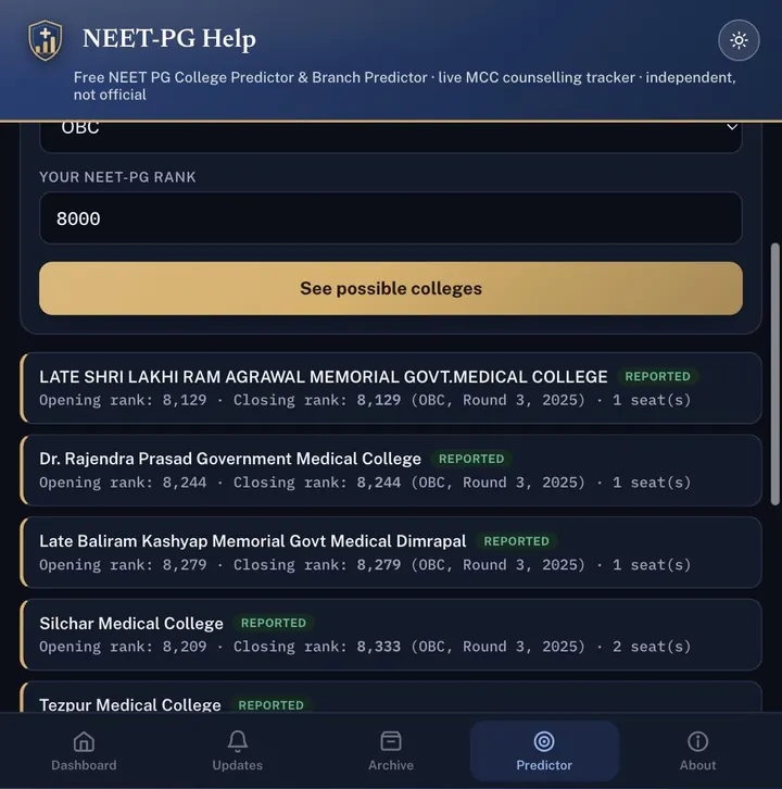 NEET PG Help college predictor on a phone, listing colleges with opening rank, closing rank, round and seats for an OBC rank